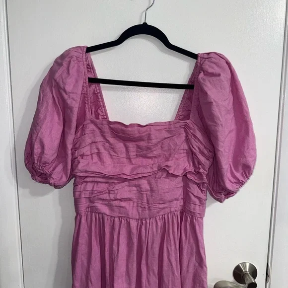 Abercrombie & Fitch Emerson Linen-Blend Puff Sleeve Midi Dress in Pink Size L - Picture 10 of 16